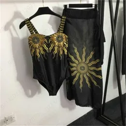 Sexy Swimwear 2 Piece Set Women Sequins Embroidery Vintage Printed Halter One-piece Swimsuit Flesh Covering Skinny Beach Half Skirt Womens Designer Clothing