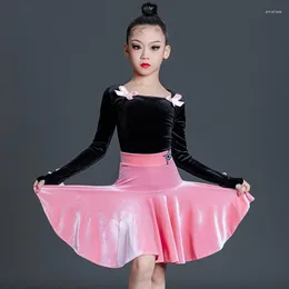 Stage Wear Girls Latin Dance Competition Clothes Black Velvet Top Pink Skirts Kids Ballroom Costumes Practice SL7387