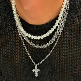 Pendant Necklaces 3 Layered Separable Chains With Cross Necklace Men Trendy Imitation Pearl Beads Choker Collar 2023 Fashion Neck Jewelry