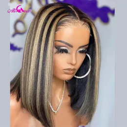 Synthetic Wigs 180 Density Black With Blonde Highlight Bob Wig Piano Color Straight Short 13x4 Lace Frontal Human Hair 230803