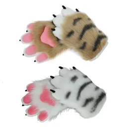 Fingerless Glove Winter Cartoon Tiger Paw Shape Warm Thicken Knit Mantens Furry Cuff For Girl Friend Presents 230804