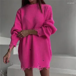 여자 스웨터 2023 여성 니트 핑크 O 목 풀 오버 긴 소매 오버 사이즈 스웨터 탑 홀 캐주얼 한 느슨한 파티 섹시 클럽 드레스