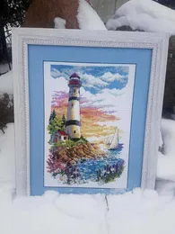 Kinesiska stilprodukter Lighthouse Cross Stitch Sea Side Count Printed Canvas Fabric Stitching Brodery Diy Handgjorda handarbete