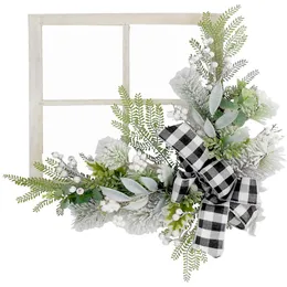 24-in Square Window Frame Door Hanging with Greenery and Bow