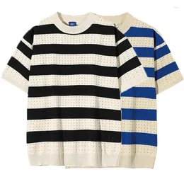 Men's T Shirts Korean Style Mens Striped Crewneck T-Shirts Short Sleeve Casual Knitting Tshirt Men Slim Fit Summer Hollow Out Basic Tops