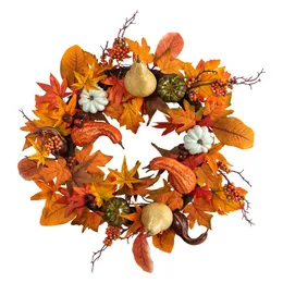 Coroa de outono artificial de plástico, cabaça de abóbora, 24 laranjas