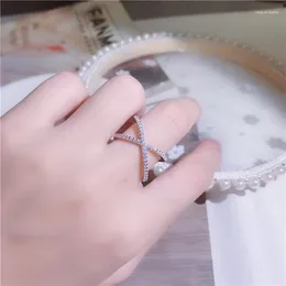 Cluster Rings High Quality Rhodium Rose Gold Authentic Wide Band X Ring Micro Pave Zircon Criss Cross For Women