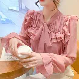 Frauen Blusen Korea Stil Temperament Elegante Fliege Rüschen Chiffon Bluse Tops Für Frauen Frühling Mode Chic Süße Blusas De mujer