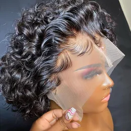 Koronkowe peruki Pixie Cut Perukę krótkie Bob Curly Human Hair Perruque Bresillienne 13x1 Przezroczysta woda głęboka fala 230803