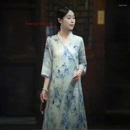 Ropa étnica 2023 mujeres Vintage Cheongsam chino mejorado Qipao vestido nacional flor estampado algodón Lino elegante largo