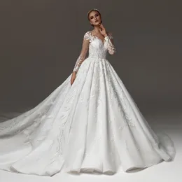 Luxurious Lace Beads Crystal Formal Wedding Dress With Illusion Long Sleeve Sexy Back Beading Shine Bridal Gown Castle Chapel Train Wedding Dresses