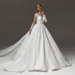 Luxueux Dentelle Perles Cristal Robe De Mariée Formelle Avec Illusion À Manches Longues Sexy Dos Perles Éclat Robe De Mariée Château Chapelle Train Robes De Mariée