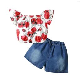 Conjuntos de roupas FOCUSNORM 2 peças roupas infantis para bebês meninas com ombro fora do ombro manga curta camisetas estampadas shorts jeans 0-24m