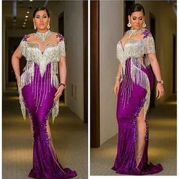 2019 Aso Ebi Arabic Purple Luxurious Sexy Evening Dresses Pärlade kristaller Lace Prom Dresses Mermaid Formal Party Second Reception 244D