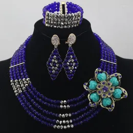 Necklace Earrings Set Mix Of Royal Blue Crystal And Gray In Full Available Other Colors 5 Layers African Beads Jewelry Wholesale ALJ677