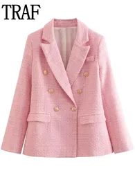 Damskie garnitury Blazers Traf Women's Pink Blazer Autumn Tweed Kurtka Kobieta z długim rękawem Czerwona Czarna Kurtka Casual Bedeed Women Blazer Kurtki 230803