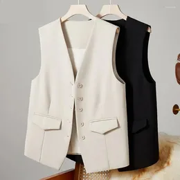 Kvinnors västar 2023 Summer Suit Vest Office Lady Classical Waistcoat Spring Beige Black Short Sleeveless Jackets Female Cardigan Clothes