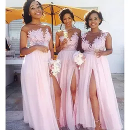 Boho Blush Pink Bridesmaid Dress Sexig Chiffon Side Hög delad golvlängd A-Line Bröllop Gästklänning Illusion Lace Applicques Top Long Prom Party Gowns 2023 328 328