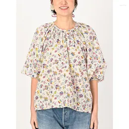 Blusas Femininas Decote Redondo Desfiado Pregas E Estampa Floral Mangas Lanternas Bufantes Blusa Manga Três-quartos Elástica Top