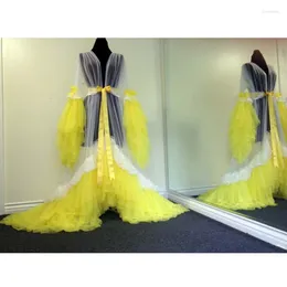 Casual klänningar högkvalitativ frodig mantel gul se genom överläggande klänning klänning rufsa tyll maxi klänning öppen gravida kvinnor fest