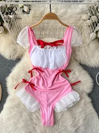 Sexig kjol singreiny kvinnor öppen gren sexig underkläder playsuits fyrkantig hals ruffle cosplay erotisk spets underkläder forma sensuella bodysuits 230803