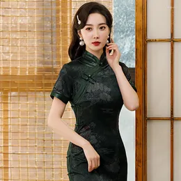 Etniska kläder 2023 Summer Women Elegant Vintage Cheongsams Classic Mandarin Collar Retro Flower Chinese Traditional Satin Button Dress