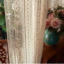 Curtain Beige Retro Crochet Hollow Cotton Linen Fabric Transparent Window Screen Finished Tulle For Living Room