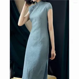 Roupas étnicas 2023 de manga curta melhorada Cheongsam feminino verão vintage estilo chinês longa cor sólida gola Qipao vestido S465