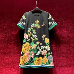 2023 Summer Black Floral Print Dress Short Sleeve Round Neck Knee-Length Casual Dresses A3Q122240