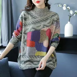 Camisetas de mujer de mediana edad madre camisa de fondo Otoño Invierno medio cuello alto Retro impreso Tops 6XL de gran tamaño mujeres Casual pulóver