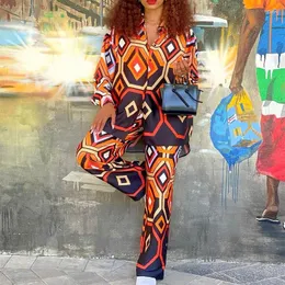 Ethnic Clothing African Two Piece Set Stripe Print Long Sleeve Blouse Tops And Pant Suits Spring Autumn Women Sheath Matching Fashion Outfit
