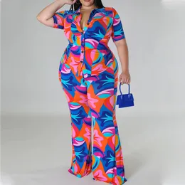 Women's Plus Size Pants Perl Printed Curved Two Piece Set Women Outfits Holiday Single Breasted Toppants Suit Street Matching 230804