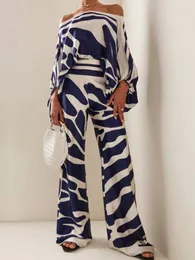 Kvinnors tvåbitar byxor Kvinnor trycker Satin outfit Summer Lantern Sleeve Off Shoulder Blus Office Lady 2 Set Fashion Casual Wide Leg Suits