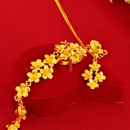 plätering av guld kvinnors blomma ring halsband armband tre stycken set bröllop smyckesuppsättning
