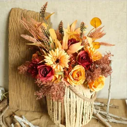 装飾的な花の花輪秋の偽物ローズ高品質秋ガーベラデイジー人工花の長い花束ホームウェディングデコレーション