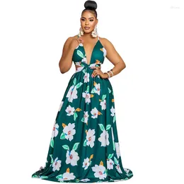 Abbigliamento etnico Maxi abito africano Donna con lacci scollo a V Abiti senza schienale Stampa floreale estiva Abiti lunghi da vacanza al mare sexy Vestidos