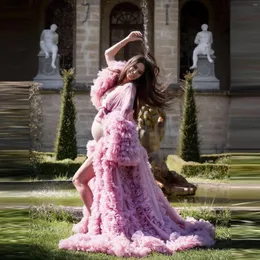 Casual Dresses Classic Pink Tulle graviditet Långa ärmar med Bow Train Ruffles Maternity Robes P Shoot Family Look