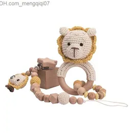 Pacifier Holders Clips# 2 food grade baby wooden teeth Rattlesnake toy crochet animal lion fox baby pacifier chain tooth bracelet newborn gift Z230804