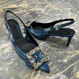 Denim Bule Sandals Designer Womens Dress Shoes Platform Heels Stängt tå Rhinestone Buckle Demolishments pekade tillbaka remmen 65mm kattunge häl sanda 74