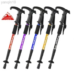 Trekking Poles Outdoor Trekking Pole Cane T Handle Cane Aluminum Alloy Shock Absorber Four Section Telescopic Mountaineering Walking Cane HKD230804