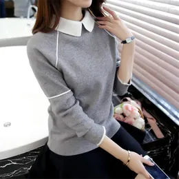 Women's Sweaters High Quality 2023 Doll Collar Sweater Women Contrast Color Patchwork Pullover Long Sleeve Fashion Bottoming Jumper