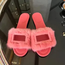 2023 Ny signatur Mink Hair Sandal Slipper Fur Slides Designer Sandaler Fen Woman Baguette Fluffy Open Toe Slide Leather Travel Fashion Case Shoe Flat Slippers