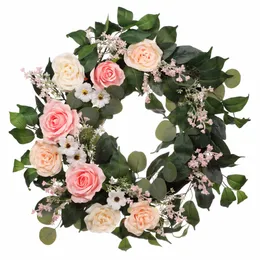 24 in Artificial Rose, Camellia, Baby s Breath Spring Wreath with Green Leaves