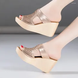 Slippers Small Size 33-43 Cutout Mesh 11cm Extreme High Heels Shoes Wedding Summer Women 2023 Chunky Platform Wedges Slides