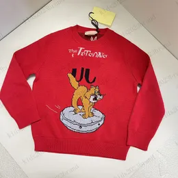 赤い色の子供スウェットシャツブランドデザイナーの子供編みパーカーランドネックプルオーバー素敵な猫印刷キッズ編みセーター