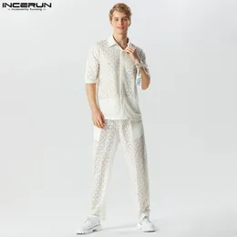 Męskie dresy męskie Zestawy Letnie Streetwear Koronki Wyglądaj przez Lapel Short Rleeve Spodnie 2pcs luźne garnitury mody s5xl inderun 230804