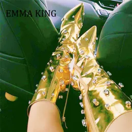 Botlar Kadın Altın Metalik Deri Diz Yüksek Botlar sivri ayak parmağı dekor pist botları kadın sonbahar kış ayakkabıları botas de mujer 230803