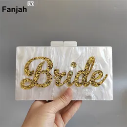 Kvällspåsar Pearl White Gold Glitter Name Letter Bride Women Acrylic Clear Purse Cute Transparent Crossbody Bag lucite See Through Handbags 230803