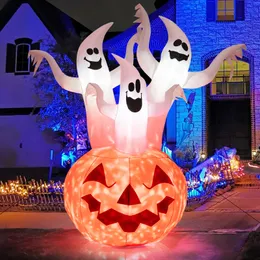 Tre fantasmi bianchi gonfiabili di Halloween da 6 piedi con decorazioni a zucca con lampada rotante