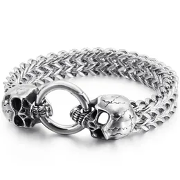 Chain Link Gothic Double Skl Man Armband i rostfritt stål Mens Charm Armelets Steampunk Skeleton smycken Gäster Giftslink Drop Dhte9